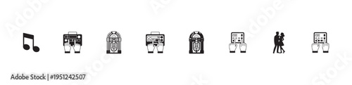 Music icons jukebox hands control note symbol dancing couple entertainment