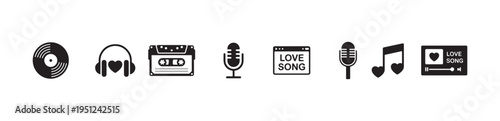 Music icons love song vinyl record cassette tape headphones microphone player note