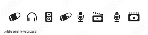 Sound production equipment black icons set microphone headphones speaker cassette clapperboard multimedia elements
