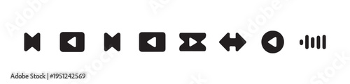Universal media player control buttons set black glyph icons skip rewind fast forward and sound volume bars