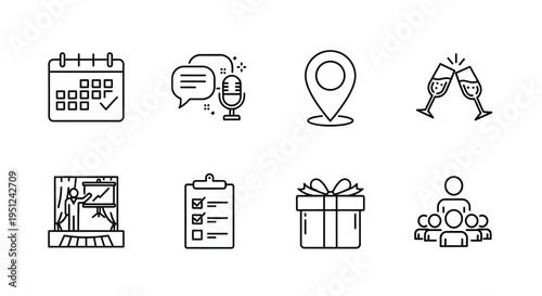 Eight icons representing various event planning and celebration elements Vector