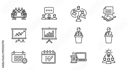 Illustrations depicting various aspects of business meetings and presentations Vector