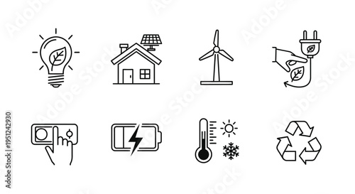 Icons representing various aspects of sustainable and renewable energy solutions Vector
