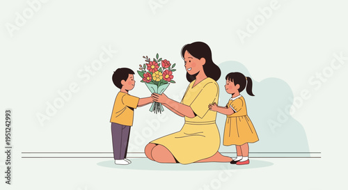 Son Giving Flower Bouquet to Mother for Mother's Day Celebration with Daughter, Minimalist Flat Vector Illustration