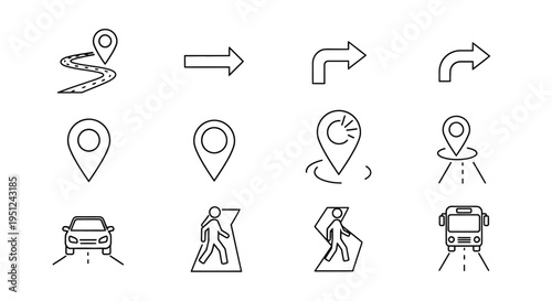 Icons representing navigation, location, and transportation methods Vector