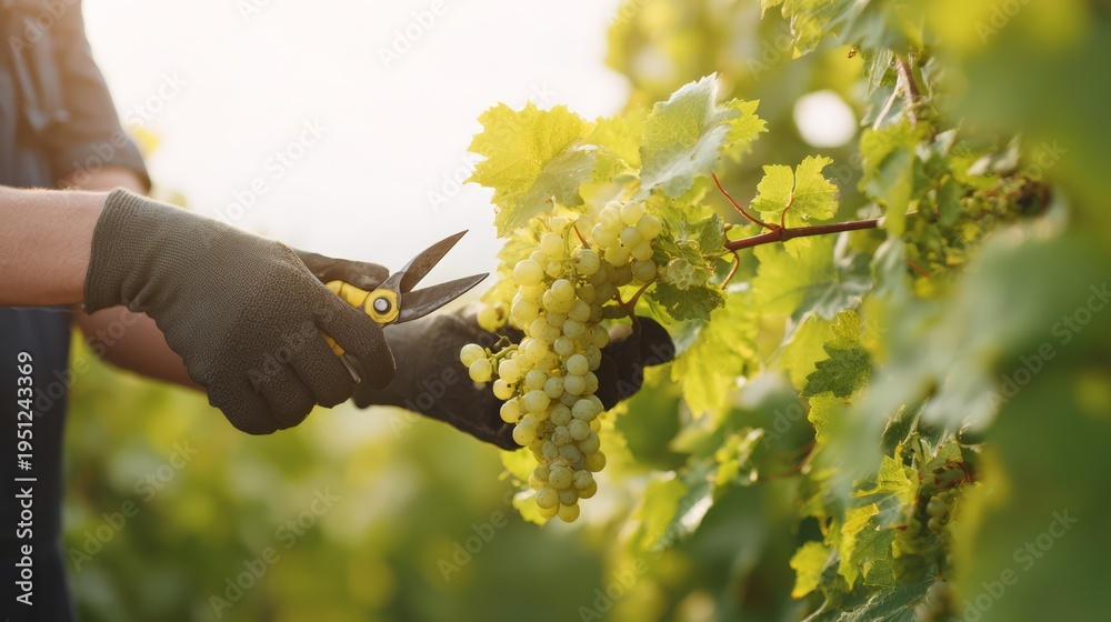 Fototapeta premium A vineyard worker thinning grape clusters with pruning scissors to improve wine grapes.