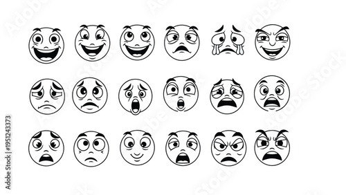 A collection of various simple black and white facial expression emoticons
