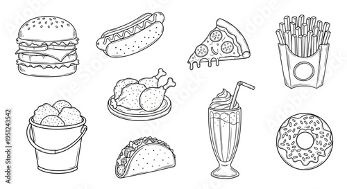 Classic fast food items illustrated in a stylized drawing format Vector