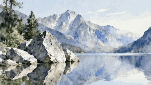 Quiet Lake View Serene Mountains by the Lake isolated watercolor vector illustration svg