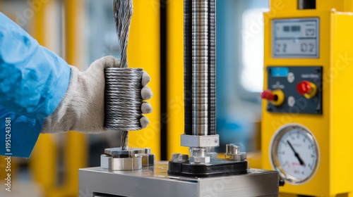 An industrial rope tester applying tensile force to steel cable using hydraulic testing machine.