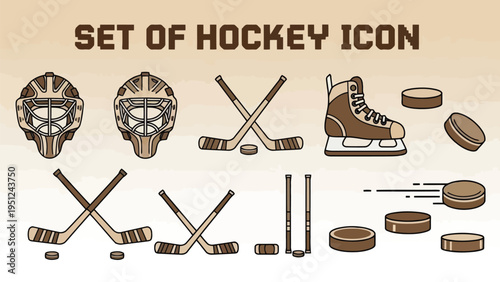 A collection of hockey equipment icons including helmets skates sticks and pucks