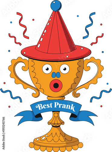 funny prankster trophy with party hat vector illustration
