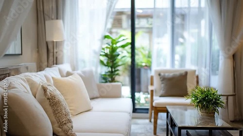 Serene modern living room with sheer white curtains and comfortable sofa.