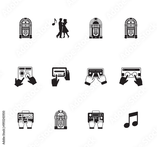 Jukebox audio player icons set couple dancing with touchscreen control panel isolated on white background symbol collection