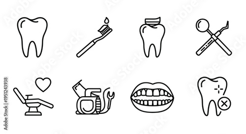 Essential icons representing dental health and procedures Vector