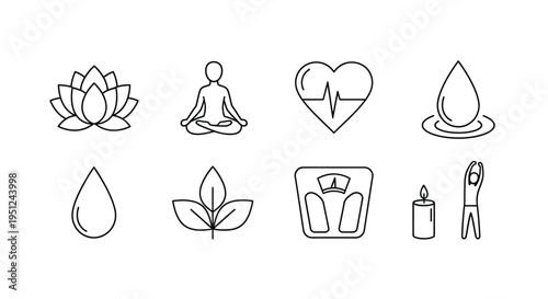 Eight icons representing various aspects of holistic wellness and self-care practices Vector