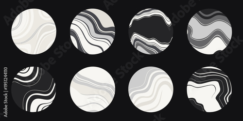 A collection of eight monochrome abstract oval shaped marble textures