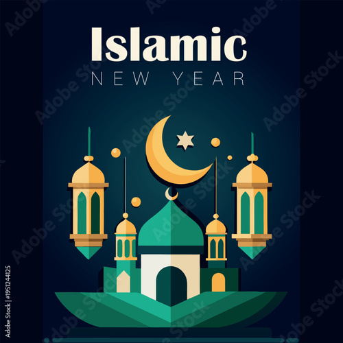 Islamic new year celebration with mosque and crescent moon