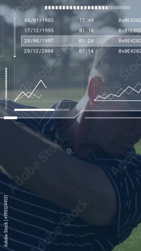 Golfer preparing shot fairway rotating into backswing causing tech charts tracking swing metrics