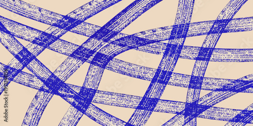Abstract blue scribbles and lines on a pale beige background