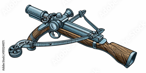 Detailed illustration of a vintage crossbow with wooden and metallic components