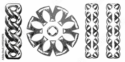 Four ornate silver knotwork designs arranged in a single row