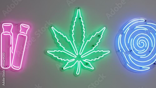 Neon Signs of Cannabis Leaf, Vials, and Swirl Shape Illuminate in Vibrant Colors