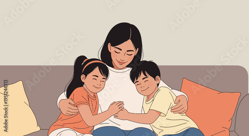 Happy Mother Hugging Son and Daughter on Sofa - Vector Illustration of a Loving Family Bonding at Home in Flat Cartoon Style