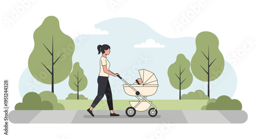 Motherhood Concept: Young Woman Pushing Baby Stroller in City Park. Flat Vector Illustration for Parenting and Family Lifestyle.