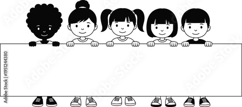 Group of diverse children holding an empty blank banner board cad drawing flat vector illustration isolated on white background for message