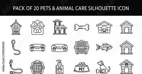 Pack of twenty pets and animal care silhouette icons including dog house cat tree cad drawing flat vector illustration flavector