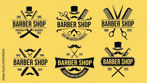 Vintage barber shop emblems and illustrations with classic tools and designs