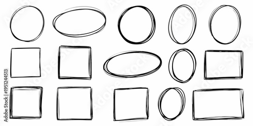 Collection of hand drawn ovals ellipses and rectangles on white background