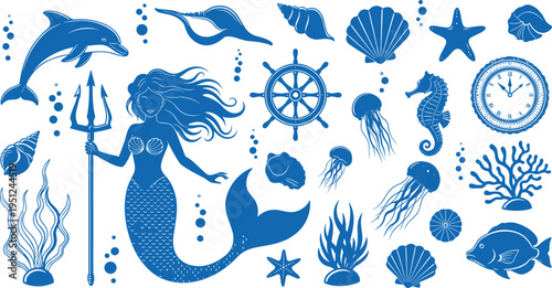 Mermaid silhouette with trident and ocean life elements like dolphin shells jellyfish and seahorse cad drawing flat vector illustration isolated
