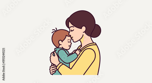 Loving Mother Hugging and Kissing Baby Forehead Illustration - Vector Art of Mom and Infant Bonding