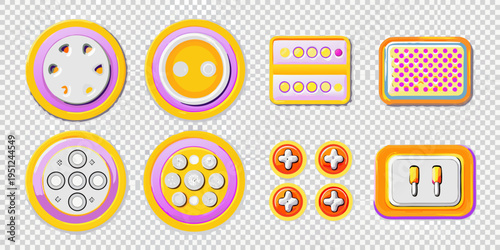 Colorful patterned buttons and control panels isolated on transparent background