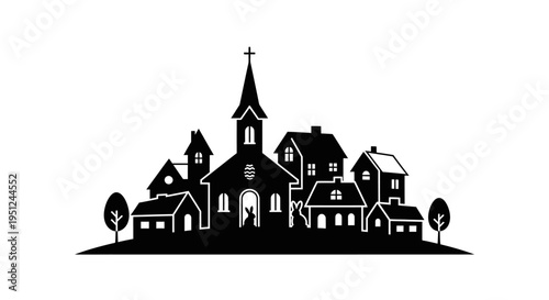 Easter Vector illustration of a church and houses in black silhouette isolated on White Background vector