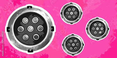 Four circular connectors with multiple pins against a pink backdrop