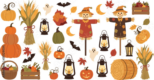 Autumn Harvest and Halloween Set with Pumpkins, Scarecrow, Lanterns, Corn, Leaves and Hay Bales, Rustic Fall Season Elements for Festive Design Projects