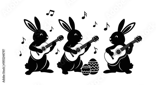 Easter Set of 3 Easter bunny musicians vector illustrations isolated on White Background vector