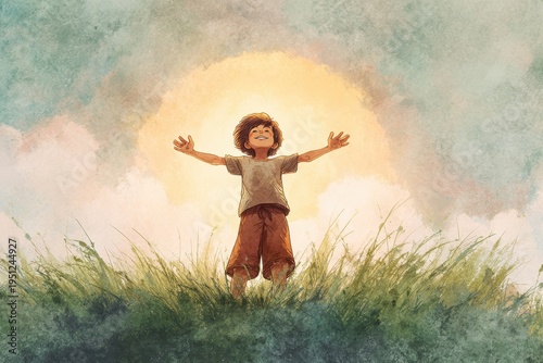 I am a child of God: warm watercolor illustration of a hopeful child in a sunlit meadow