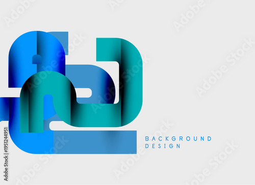 Abstract blue shapes overlap, creating dynamic composition. Light gray background provides contrast, simple text indicates design element.