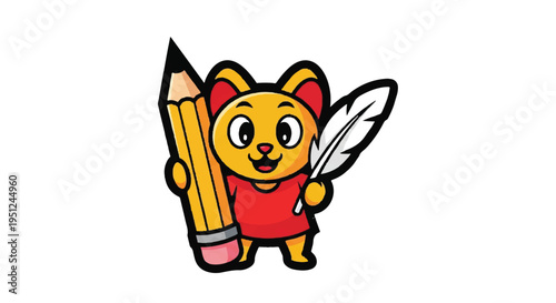 Cartoon bear holding pencil and quill writing and education theme