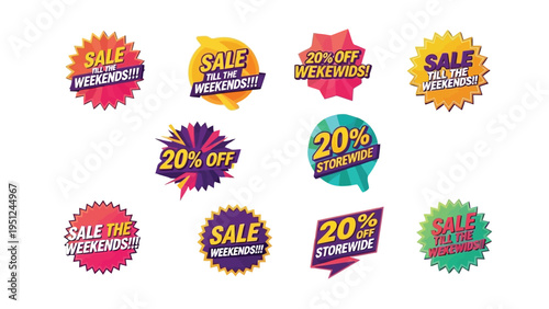 Colorful sale badges and promotional labels with percentage off offers displayed