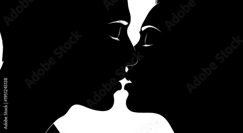 Romantic Couple Silhouette Kissing Face.