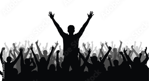 Silhouette of a crowd cheering enthusiastically.