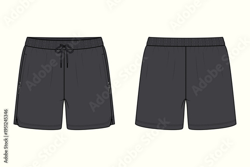 Men’s Zippered Performance Athletic Shorts Apparel Design Technical Flat Sketch Outline.