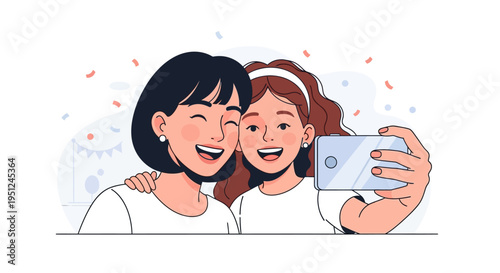 Mother and Daughter Taking Selfie at a Party Celebration, Happy Family Bonding with Smartphone, Flat Vector Illustration of Joyful Mom and Child Capturing Memories