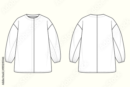 Women's Modern Minimalist Oversized Lantern-Sleeve Tunic Apparel Design Technical Flat Sketch Outline.