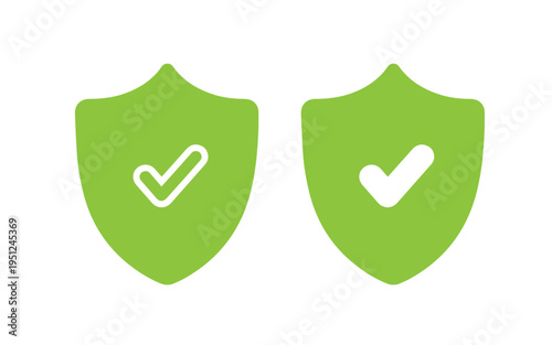 Two bright green shield icons featuring white checkmarks confirm successful security verification or approval.